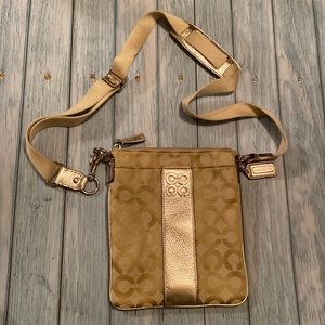 COACH signature tan + metallic leather crossbody